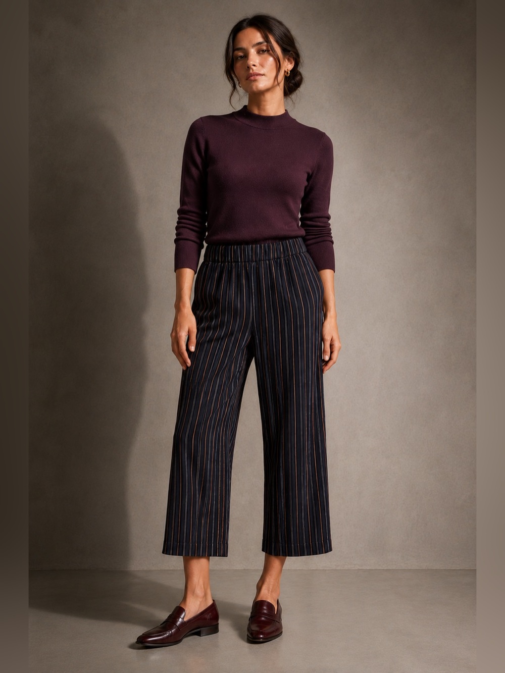 Vince Cupro Striped High Rise Cropped Wide Leg Pull On Pants Midnight Blue S